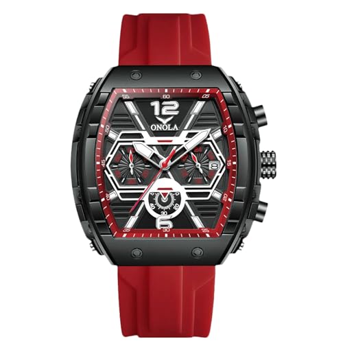 rorios Tonneau Armbanduhren für Herren Stilvolle Casual Herrenuhren Sport Analoge Quarz Uhr mit Silikon Armband Multifunktionale Chronograph Rot von rorios