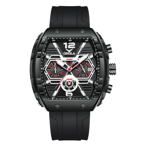 rorios Tonneau Armbanduhren für Herren Stilvolle Casual Herrenuhren Sport Analoge Quarz Uhr mit Silikon Armband Multifunktionale Chronograph Schwarz A von rorios