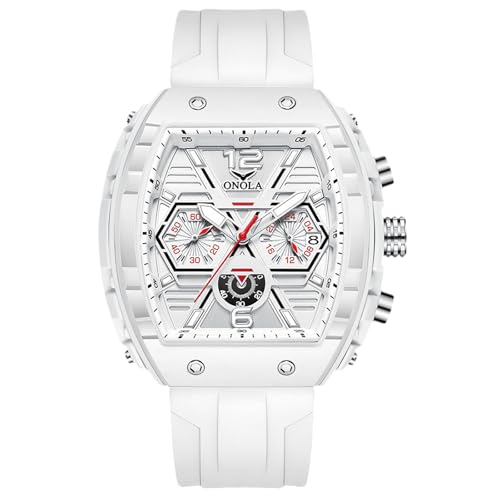 rorios Tonneau Armbanduhren für Herren Stilvolle Casual Herrenuhren Sport Analoge Quarz Uhr mit Silikon Armband Multifunktionale Chronograph Weiß von rorios