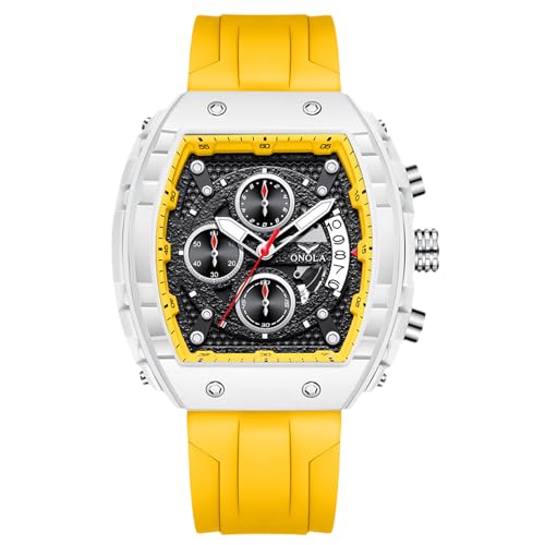 rorios Tonneau Armbanduhren für Herren Stilvolle Casual Uhren Sport Silikonarmband Herrenuhren Analoge Quarz Uhr Multifunktionale Chronograph Uhr Gelb von rorios