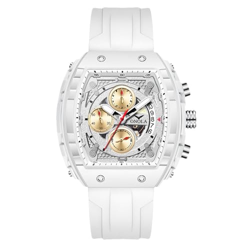 rorios Tonneau Armbanduhren für Herren Stilvolle Casual Uhren Sport Silikonarmband Herrenuhren Analoge Quarz Uhr Multifunktionale Chronograph Uhr Weiß von rorios