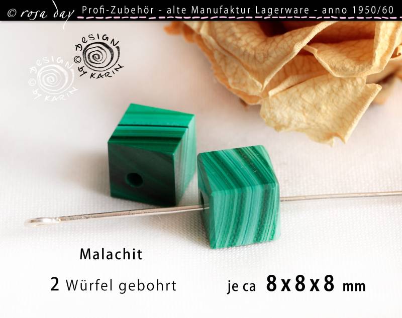 2 Alte Feine Malachit Perlen - Würfelform Gebohrt Profi-Zubehör Lagerware Alter Schmuckmanufaktur Ø Je Ca 8X8X8 Mm Nr X-2882 von rosaday
