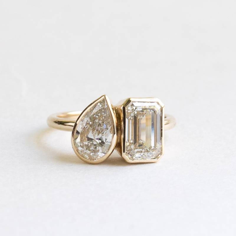 14K Gelbgold Moi Et Toi Ring 2 Karat Smaragd Cut Lab Diamant von roseandchoc