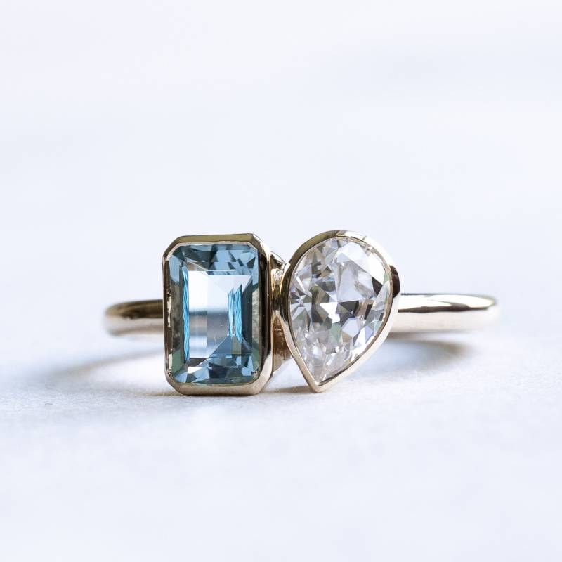 14K Gold Moi Et Toi Ring Aquamarin & Moissanit, Zargenfassung von roseandchoc