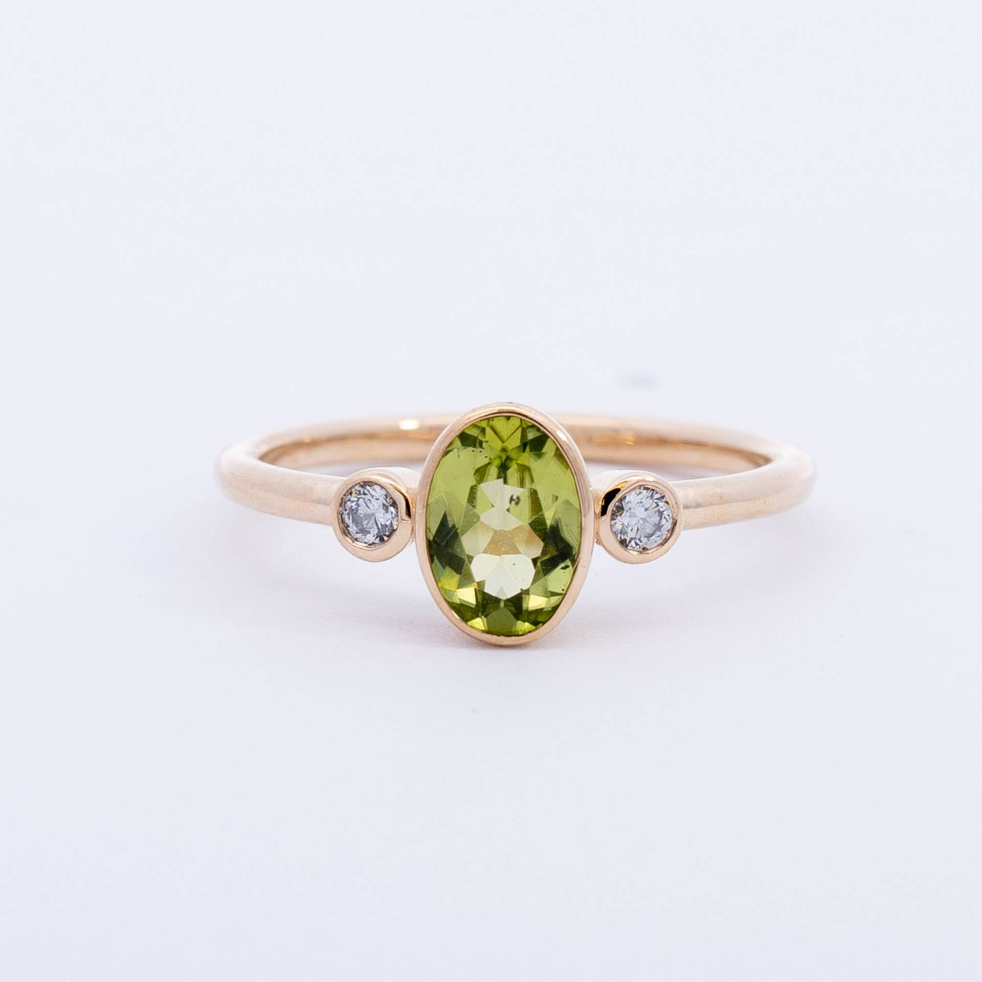 14K Peridot Mit Diamanten Ring, Drei-stein-Ring, Verlobungsring, Peridot-Drei-stein-Einfassungsring von roseandchoc