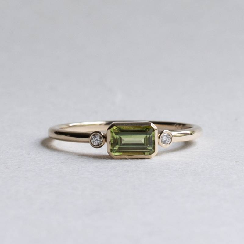 14K Gelbgold Peridot Diamant Ring Smaragd Cut Lünette Set von roseandchoc