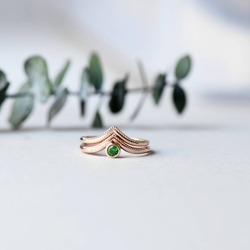 14K Solid Rose Gold Ring, Set Von Zwei Ringen, Smaragd Chevron Und Choc von roseandchoc