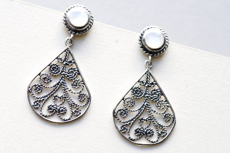 925 Sterling Silber Ohrringe, Tropfen Baumeln Perlmutt Ohrstecker, Geschenk Für Sie von roseandchoc