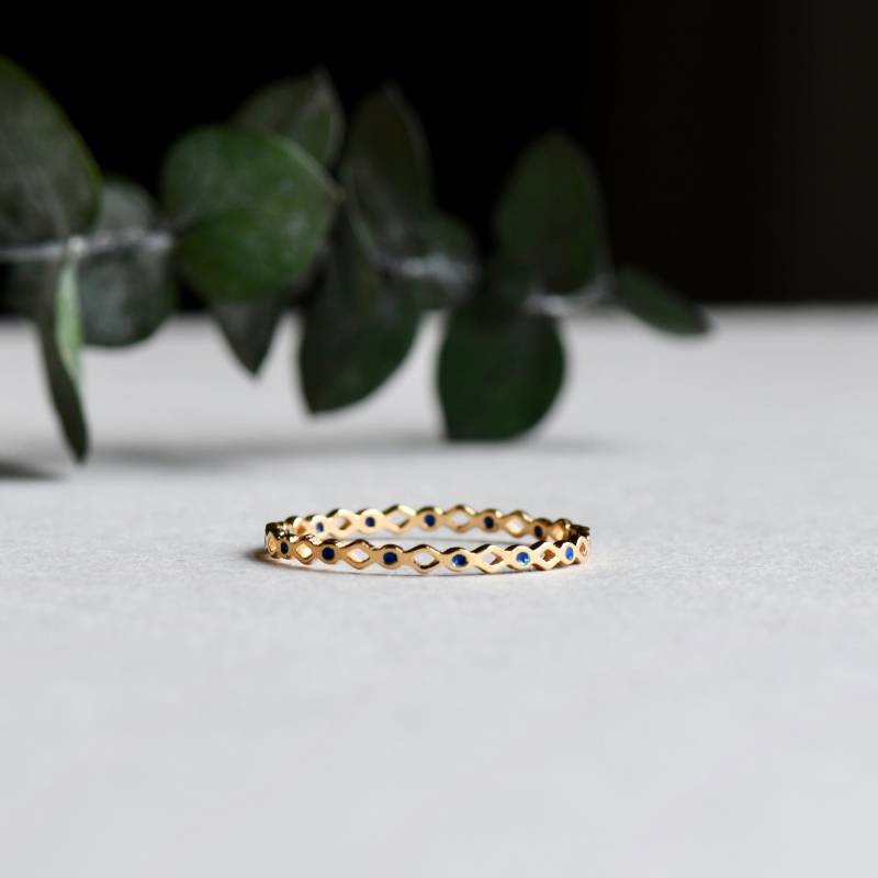 Gold Vermeil Ring, Blau Eternity Emaille Verlobungsring, Jubiläums Geschenk, Stacker Rose Und Choc Ring von roseandchoc