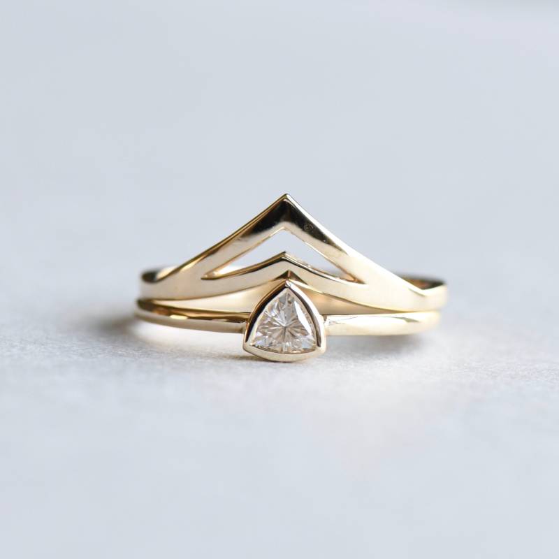 Moissanit Ring Set, 585Er Gelbgold, Chevron Ring, Verlobungsring, Trillion Hyg010 von roseandchoc