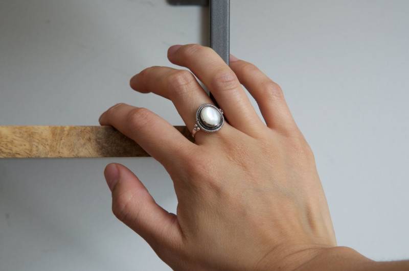 Perlmutt Cocktail Ring, 925 Sterling Silber, Antiker Stil Boho Vintage Statement Schmuck von roseandchoc