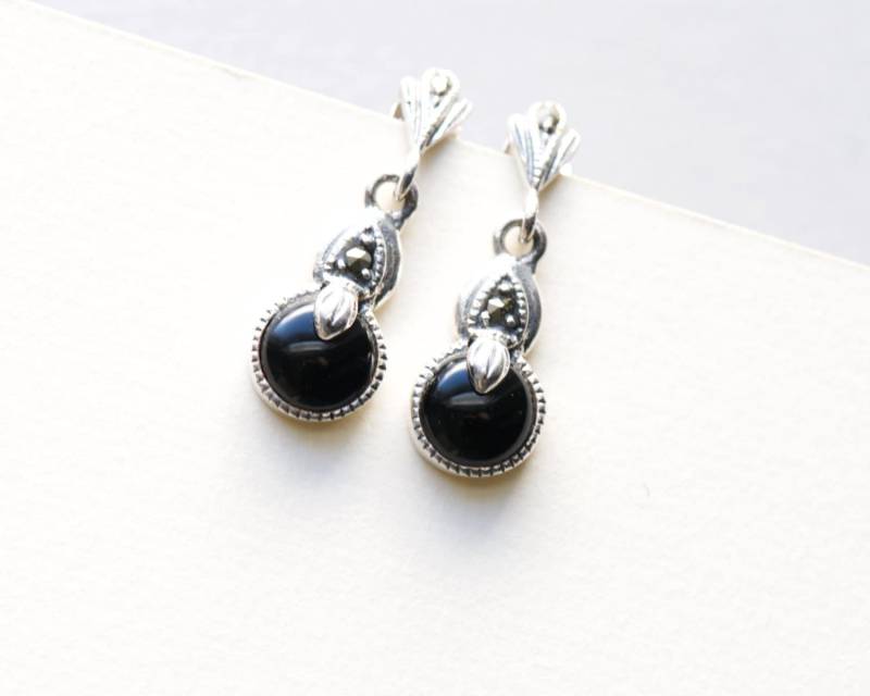 Schwarzer Onyx Ohrringe, 925 Sterling Silber Boho Baumeln Tropfen Art Deco, Markasit Ohrringe von roseandchoc