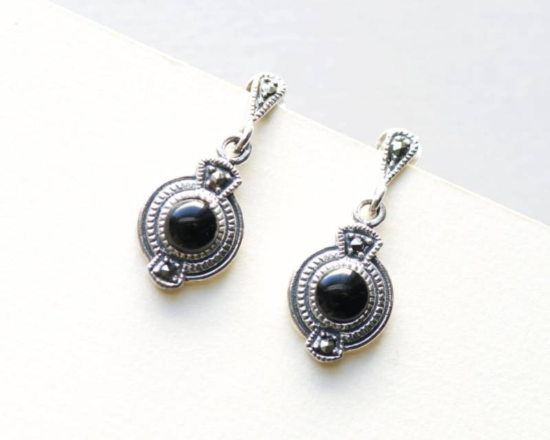 Schwarzer Onyx Ohrringe, 925 Sterling Silber Boho Baumeln Tropfen Edelstein, Markasit von roseandchoc