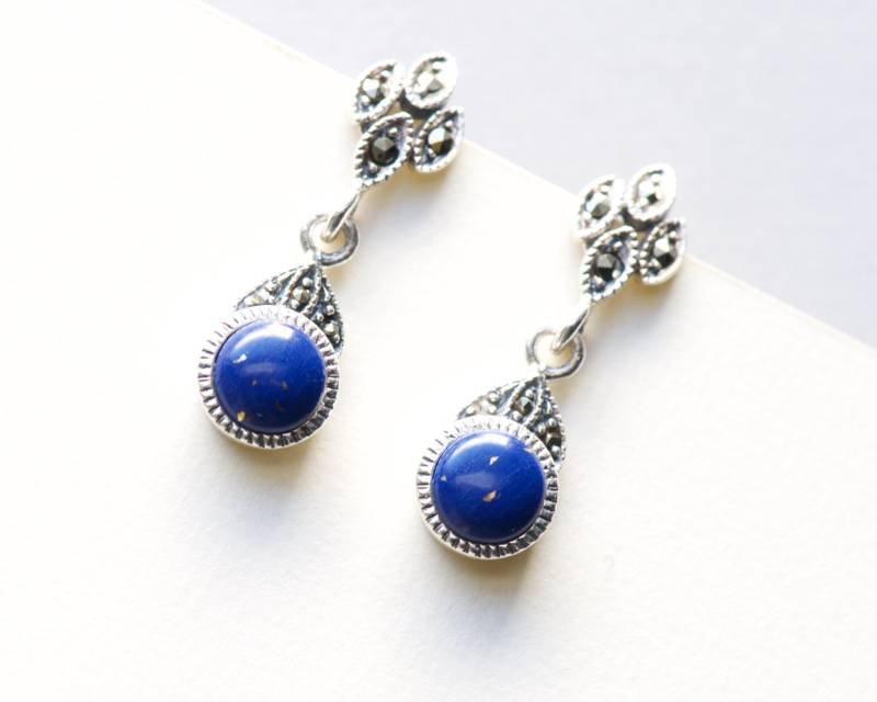 Sterling Silber Lapis Lazuli Tropfen Ohrringe Markasit Art Deco Stil von roseandchoc