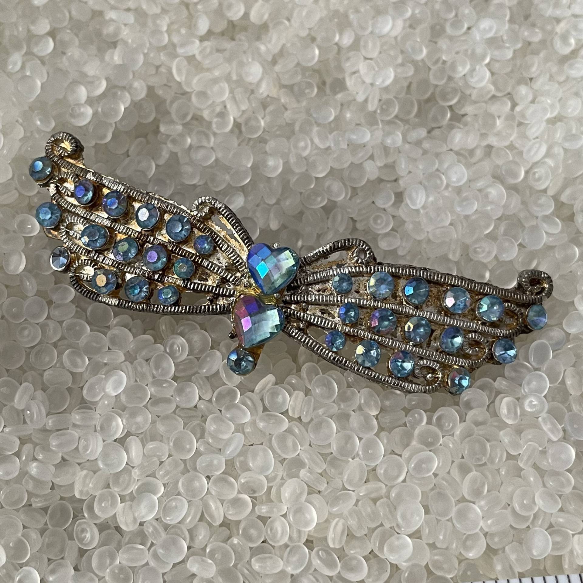 Sehr Einzigartige Vintage Haarspange, Juwelenkäfer, Schmetterling Aurora Borealis Gemme, Topf Metall, 1980Er Jahre von rosebudcottage