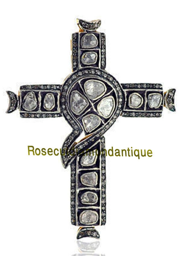 Echter Antiker Rosenschliff Diamant & Polki 3.24Ct Vintage Kreuz Design Anhänger Xmas Neujahr Party Wear Handgemachter Schmuck von rosecutjewelryshop