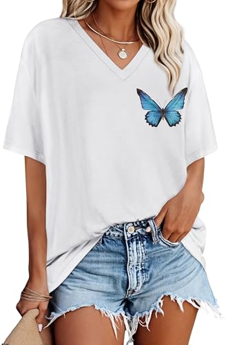 Übergroße T-Shirts für Damen, V-Ausschnitt, kurzärmelig, Sommer, lässig, lockeres Oberteil, Weißer, bunter Schmetterling, X-Groß Übergroße T-Shirts für Damen, V-Ausschnitt, kurzärmelig, Sommer, lässig, lockeres Oberteil, Weißer, bunter Schmetterling, X-Groß von rosemia