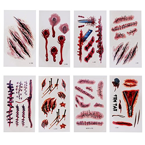 ROSENICE Temporäre Tätowierung Halloween Tattoo 8 Blätter Bluten Wund Narben Blut für Party Cosplay Kostüm einfach zu bewerben und langlebig für Frauen Männer Kinder von rosenice