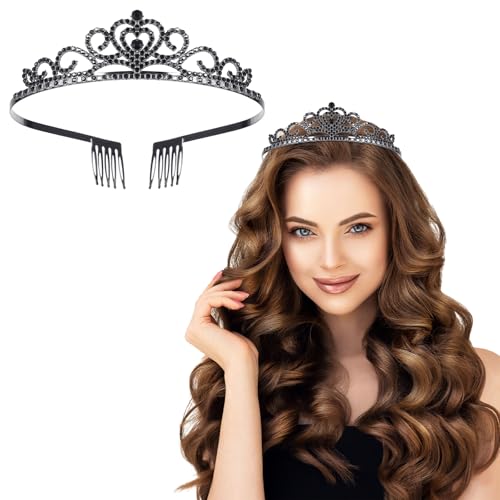 Kristallkrone, Kristall Tiara, Schwarz Strass Diadem mit Kamm für Geburtstags Hochzeit Abschlussball Prinzessinnenpartys Frauen und Mädchen von rosenice