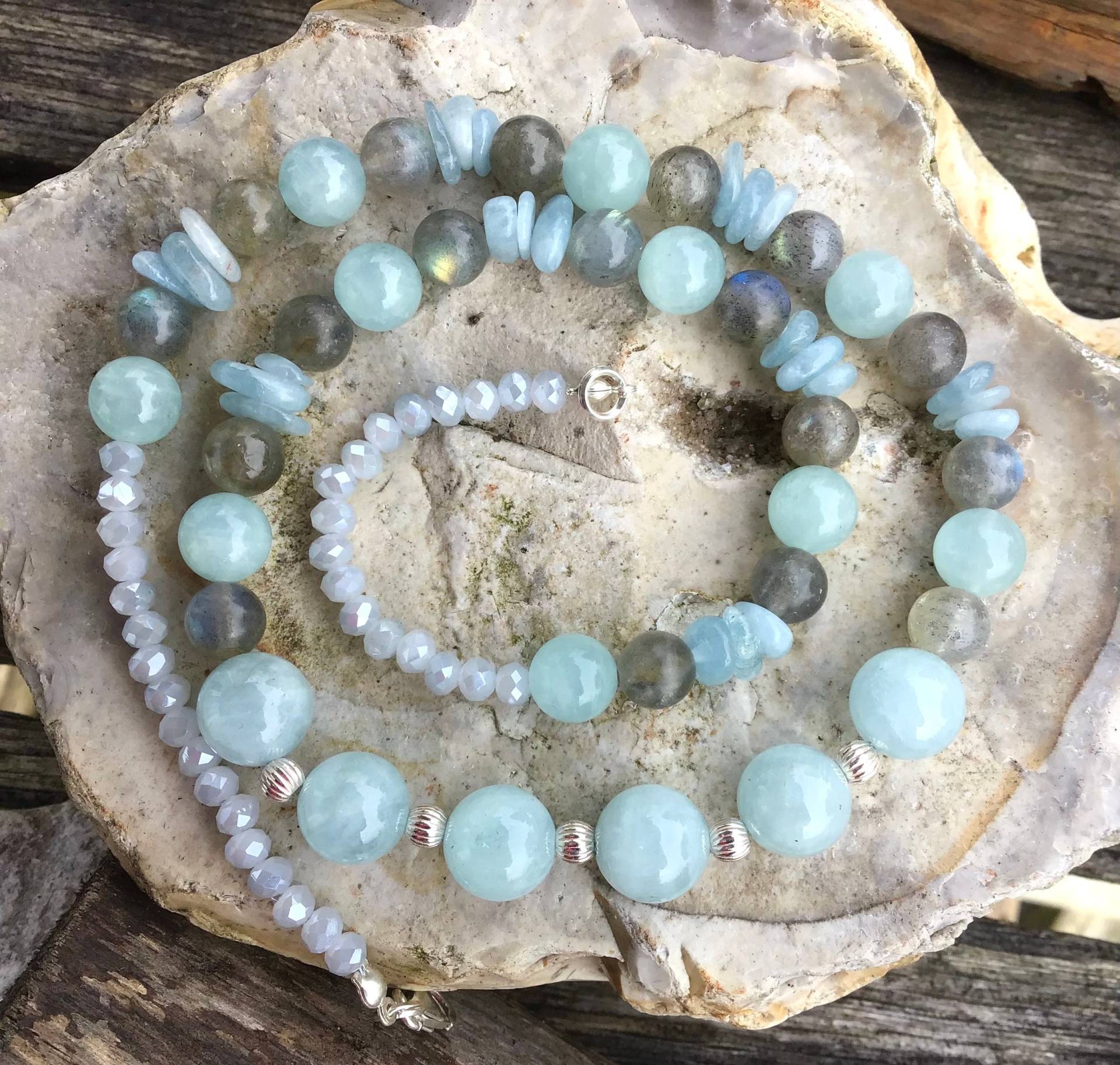 Halskette Aus Aquamarin, Labradorit, Sterling Silber Und Kristall von roseyandellen