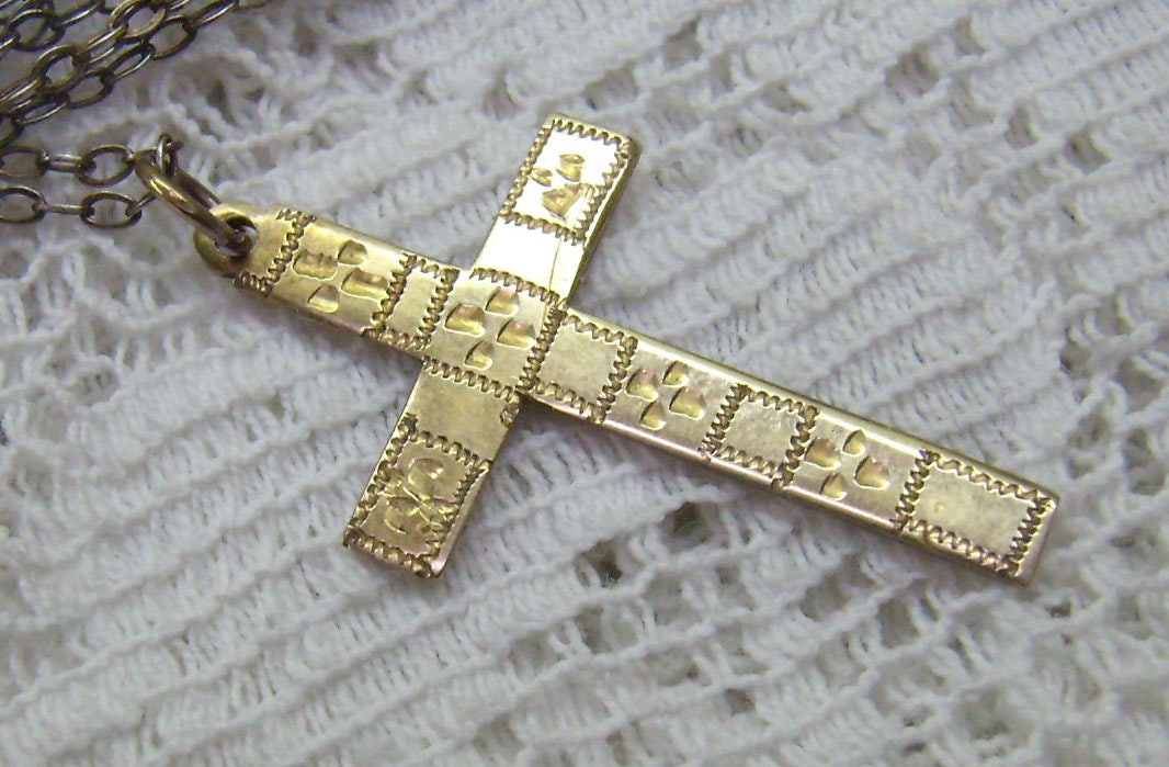 Vintage 9C Gold Geätzte Kreuz Anhänger Halskette - 1940Er Jahre Filled Kette Vintage 9C Gold Geätzte Kreuz Anhänger Halskette - 1940Er Jahre Filled Kette von rosiesvintageshop