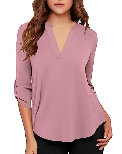 roswear Damen Business Casual V Ausschnitt Bündchen Ärmel Arbeit Bluse Top, rose, Mittel von roswear