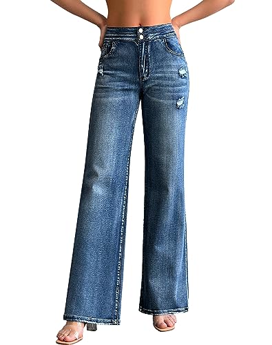 roswear Damen Casual Distressed High Waist Denim Pants Stretch Baggy Loose Wide Leg Jeans, 104 Blau, M von roswear