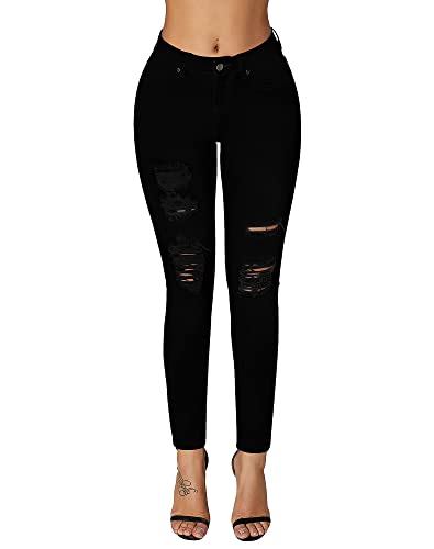 roswear Damen Essentials Ripped Mid Rise Destroyed Skinny Jeans, Schwarz, M von roswear