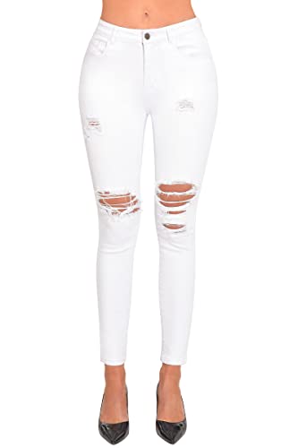 roswear Damen Essentials Ripped Mid Rise Destroyed Skinny Jeans, Weiß 1, X-Groß von roswear