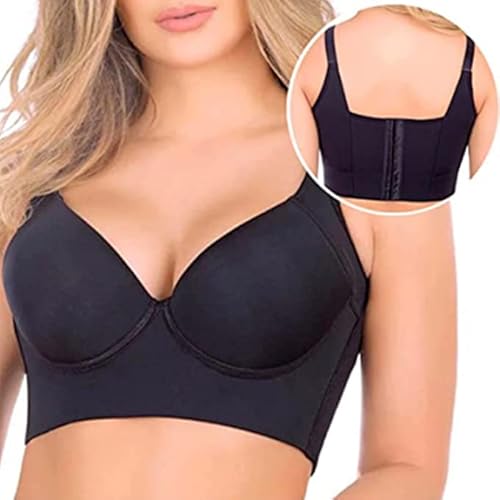 rosyclo Vollständige Rückenabdeckung BHs für Frauen, modischer, tiefer Körbchen, versteckter Rücken-BH mit Shapewear eingearbeiteten Push-up-Sport-BHs, schwarz, 90D von rosyclo