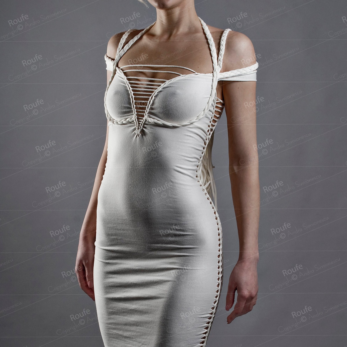 Bodycon Kleid Mit Fransen Zurück Geflochtenes Midikleid Seitlicher Öffnung Aus Baumwolle von roufe