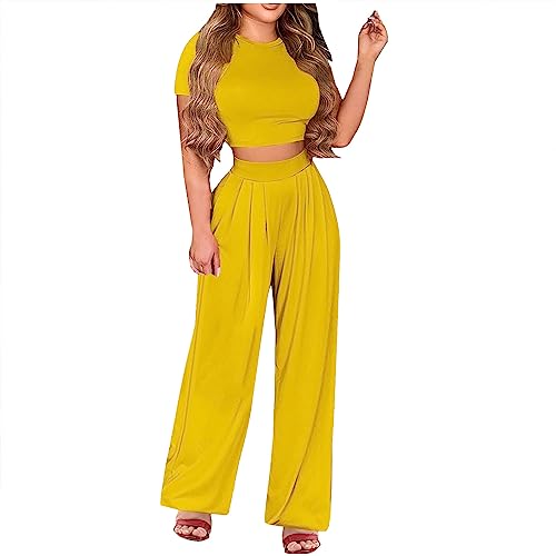 2 StüCk Outfit Damen Elegant Sexy Hose Anzug Plus GrößE Plissiert Weites Bein Sommer Outfits Kurze ÄRmel Enges Crop Top Weites Bein Hose Set Mode LäSsig Weich Atmungsaktiv Trainingsanzug Streetwear von routinfly