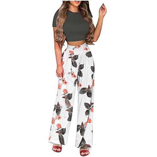 2 StüCk Outfit Damen Elegant Sexy Hose Anzug Plus GrößE Plissiert Weites Bein Sommer Outfits Kurze ÄRmel Enges Crop Top Weites Bein Hose Set Mode LäSsig Weich Atmungsaktiv Trainingsanzug Streetwear von routinfly