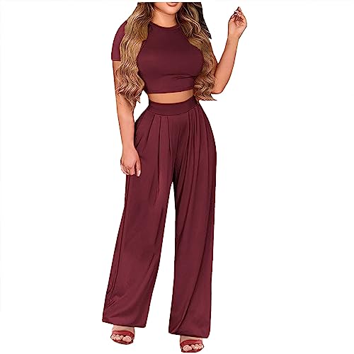 2 StüCk Outfit Damen Elegant Sexy Hose Anzug Plus GrößE Plissiert Weites Bein Sommer Outfits Kurze ÄRmel Enges Crop Top Weites Bein Hose Set Mode LäSsig Weich Atmungsaktiv Trainingsanzug Streetwear von routinfly