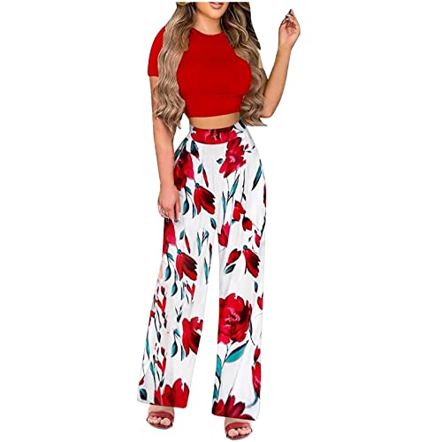 2 StüCk Outfit Damen Elegant Sexy Hose Anzug Plus GrößE Plissiert Weites Bein Sommer Outfits Kurze ÄRmel Enges Crop Top Weites Bein Hose Set Mode LäSsig Weich Atmungsaktiv Trainingsanzug Streetwear von routinfly