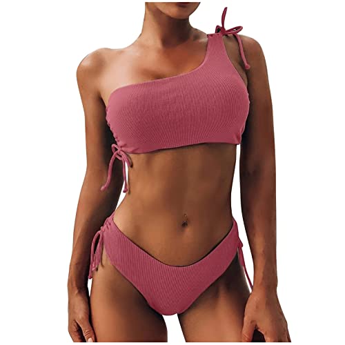 2-teiliges Tankini-Set für Damen eine Schulter Beachwear solide gestrickt Bikini-Set Kordelzug Schnürung Badeanzüge von routinfly