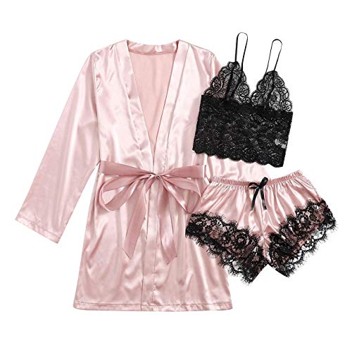 3Pc Pyjama Sets Damen Satin Seide Pyjamas Damen Sexy Dessous Roben Unterwäsche Schlafanzug Set Elegant Bequemes Nachthemd Sets Ultra Atmungsaktiv Spitze Loungewear Home Suit Nachtwäsche Negligee von routinfly