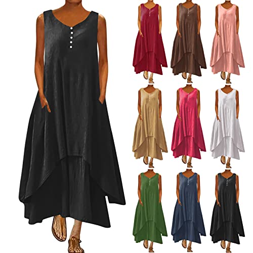 Ärmellose Kleider Damen 2023 Plus Size Tank Top Maxi Kleid Frauen Casual Sommer Cooton Leinen Elegant Vintaga Weste Langes Kleid Mode Solide Rundhalsausschnitt Knopf Unregelmäßige Kleider Flowy von routinfly