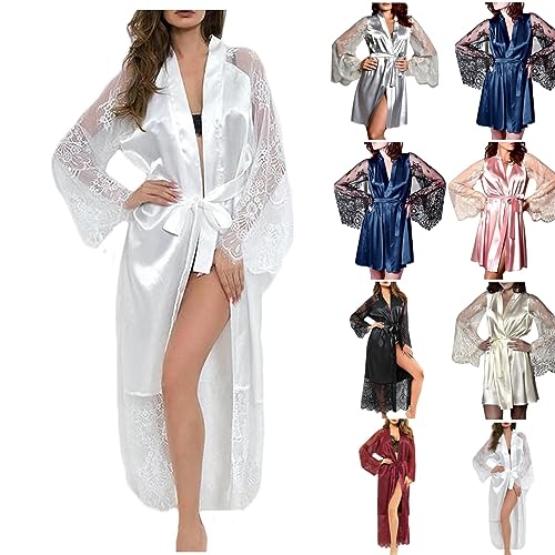 Bademantel Damen Morgenmantel Sexy Spitzen Robe Mit GüRtel Volant Weiter ÄRmel Satin Sexy Kimono Nachthemd Mit Blumenspitze Saunamantel Dessous Robe V-Ausschnitt ReizwäSche NachtwäSche FüR Braut von routinfly