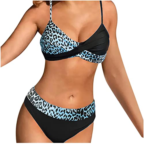 Bikini Damen Bikini Set Hoch Tailliert Sexy Push Up Bikini Set Sommer GroßE BrüSte Bikinioberteil V Ausschnitt Crossover Print Badeanzug Triangel Bikini 2 StüCk Badebekleidung Bikini Unterteil+Bh von routinfly