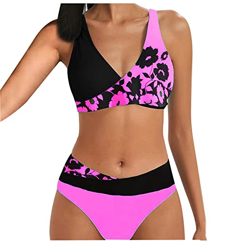 Bikini Damen Bikini Set Hoch Tailliert Sexy Push Up Bikini Set Sommer GroßE BrüSte Bikinioberteil V Ausschnitt Crossover Print Badeanzug Triangel Bikini 2 StüCk Badebekleidung Bikini Unterteil+Bh von routinfly