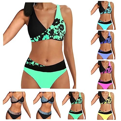 Bikini Damen Bikini Set Hoch Tailliert Sexy Push Up Bikini Set Sommer GroßE BrüSte Bikinioberteil V Ausschnitt Crossover Print Badeanzug Triangel Bikini 2 StüCk Badebekleidung Bikini Unterteil+Bh von routinfly