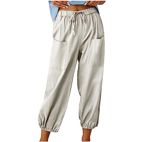 Caprihosen Damen Leinenhose Baumwolle Lose LäSsige Hose Hohe Taille Freizeithose Mit Taschen Loose Fit Weites Bein Zugband Abgeschnittene Hose Comfy Sommer Hose Casual Lantern Tapered Harem Hose von routinfly