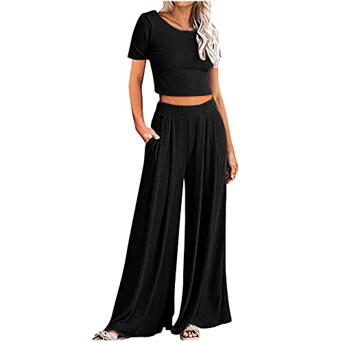 Damen 2 Stück Outfits Sets Sommer Dressy Hosen Anzüge Frauen Lässig Plus Größe Frauen Tight Ribbed Knitted Crop Top Wide Leg Hosensatz Elegant Sports Flare Soft Breathable Hosen Anzug Streetwear von routinfly