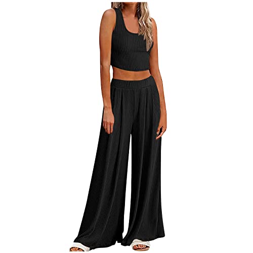 Damen 2 Stück Outfits Sets Sommer Dressy Hosen Anzüge Frauen Lässig Plus Größe Frauen Tight Ribbed Knitted Crop Top Wide Leg Hosensatz Elegant Sports Flare Soft Breathable Hosen Anzug Streetwear von routinfly