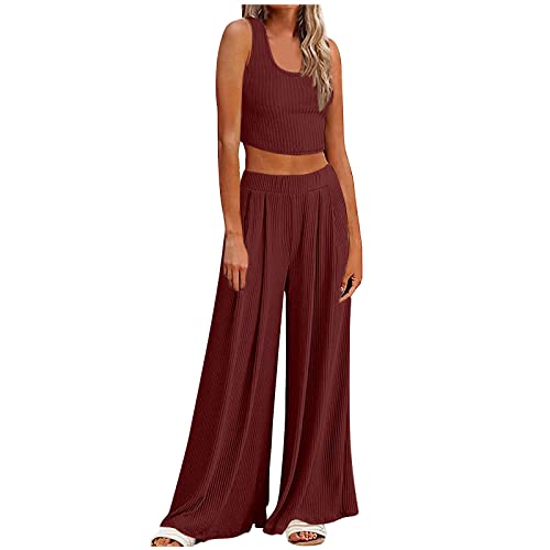 Damen 2 Stück Outfits Sets Sommer Dressy Hosen Anzüge Frauen Lässig Plus Größe Frauen Tight Ribbed Knitted Crop Top Wide Leg Hosensatz Elegant Sports Flare Soft Breathable Hosen Anzug Streetwear von routinfly