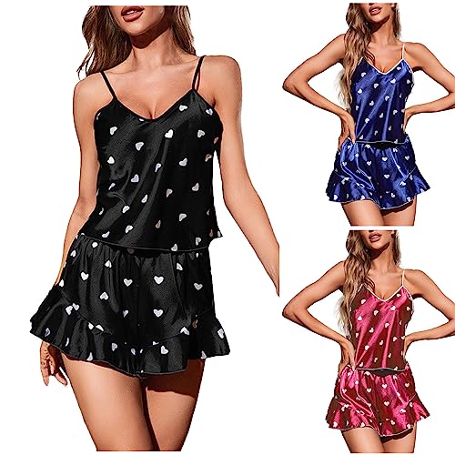 Damen 2 Stück Sommer Nachtwäsche Zweiteilige Elegante Atmungsaktive Pyjama Sets Ruffle Print Cami Top und Shorts Pjs Set Ultra Sexy Strapsweste Anzug Bequeme Loungewear Home Anzug Negligee von routinfly