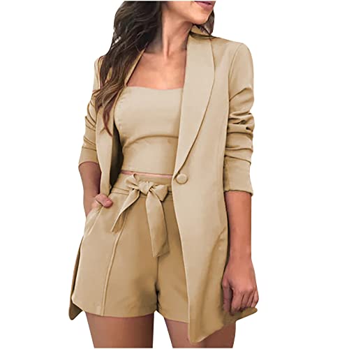 Damen 3Pc Anzug Set Lange ÄRmel Revers Blazer+Sexy Einfarbige Cami Weste + LäSsige Shorts Anzug Hoher Taille Shorts Mit GüRtel Taschen Sommer Outfit 3 StüCk Stilvolle Business Arbeit BüRo Anzug Set von routinfly