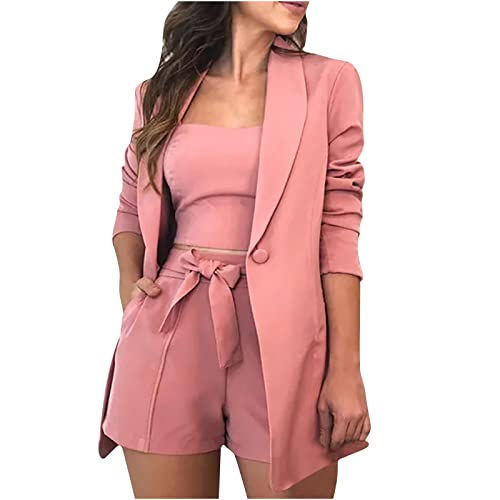 Damen 3Pc Anzug Set Lange ÄRmel Revers Blazer+Sexy Einfarbige Cami Weste + LäSsige Shorts Anzug Hoher Taille Shorts Mit GüRtel Taschen Sommer Outfit 3 StüCk Stilvolle Business Arbeit BüRo Anzug Set von routinfly