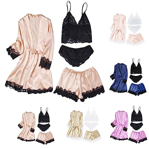 Damen 4Pc Schlafanzug Set Spitze Dessous NachtwäSche Set Bademantel Set Mit GüRtel Sexy Cami Top Slip Und Shorts Set Florales Spitzenbesatz Satin 4 StüCk Comfy Lounge-Set Nachthemd Set FüR Frauen von routinfly